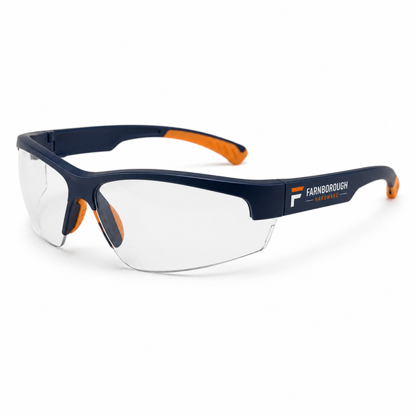 Farnborough Hardware Clear Safety Glasses – Navy & Orange
