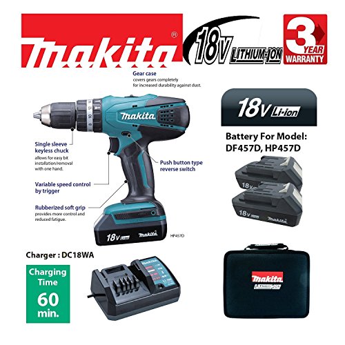 Makita HP457D 18 V Cordless Li-ion Combi Drill Kit and Accessory Set, 101 pc.